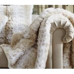 Pottery Barn Luxe Faux Fur Throw Blanket Ivory 50 X 60 Animal Print Snow Leopard